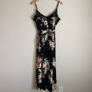Maxi Dress Black Floral Lace V Neck Lined Womens Large Size 12 Tie Waist Bisou